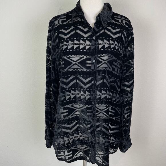 Denim & Supply Black Vintage Velvet Burnout Long Sleeve Button Top Large - Picture 2 of 9